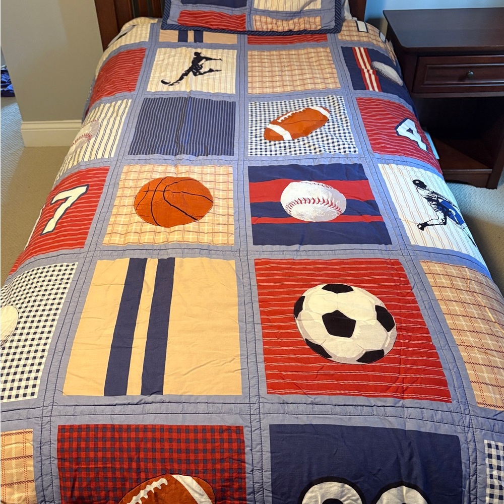 Kids Sports Patchwork Quilt, Sham and Throw Pillow